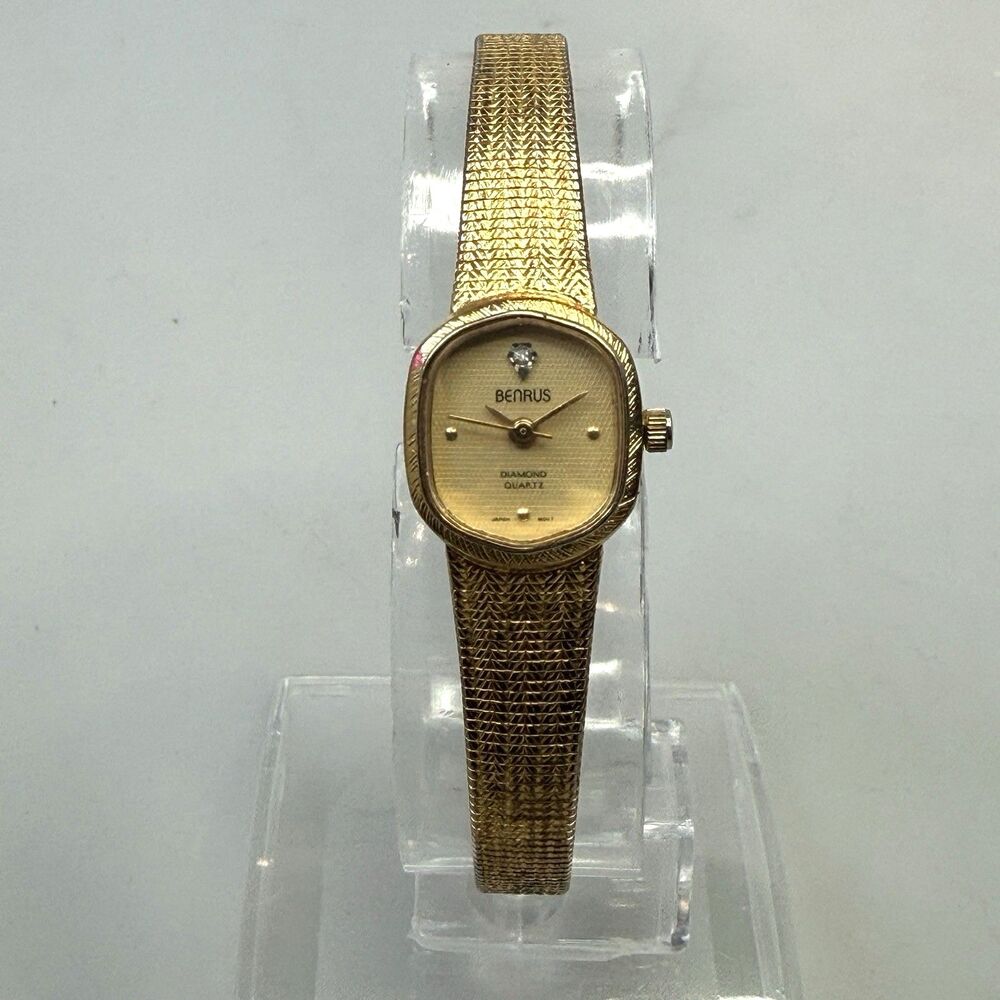 Benrus 15mm Diamond Quartz Women Gold Tone Watch Adjustable Band EUC
